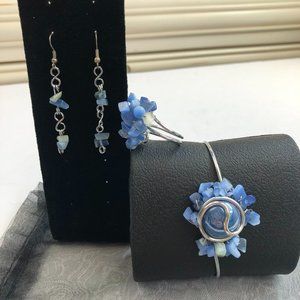 Hawaiian Jewelry Design Blue & Silver 3-piece Bracelet Cluster Ring Earring Set